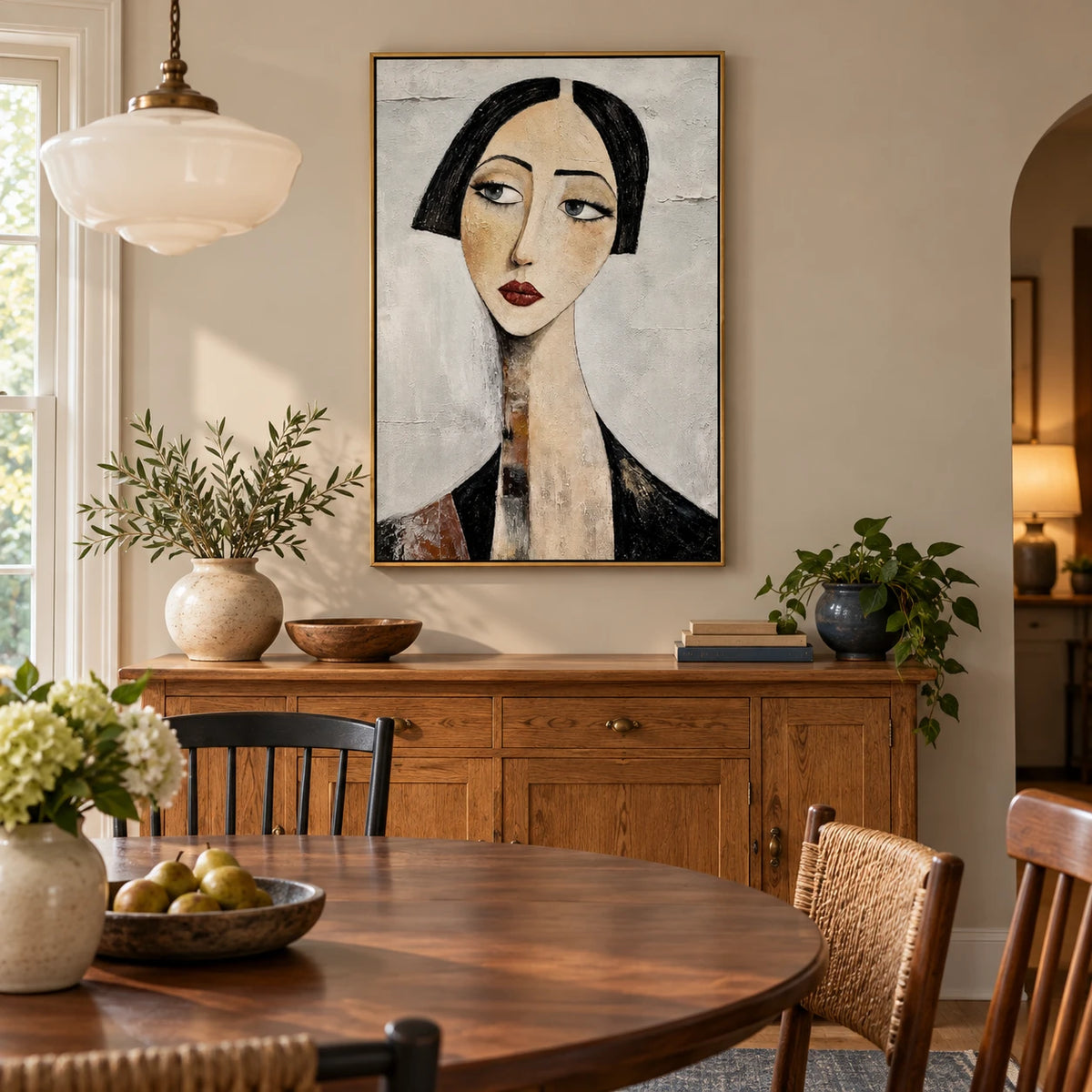 Ownanart Hand-Painted Woman with Black Bob Portrait Oil Painting – Vertical elongated female face canvas, modern figurative wall art, Original Canvas Art for Living Room and Office