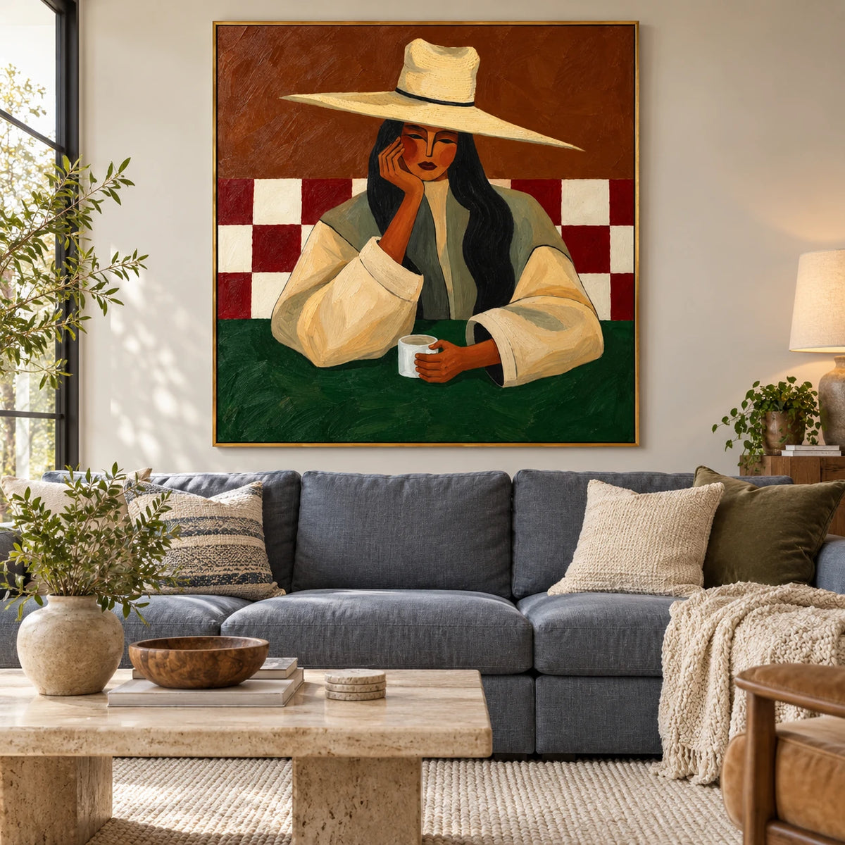 Ownanart Hand-Painted Woman with Coffee Oil Painting – Wide-Brim Hat Female Portrait, Terracotta and Green Textured Figurative Canvas Wall Art for Dining Room and Living Room