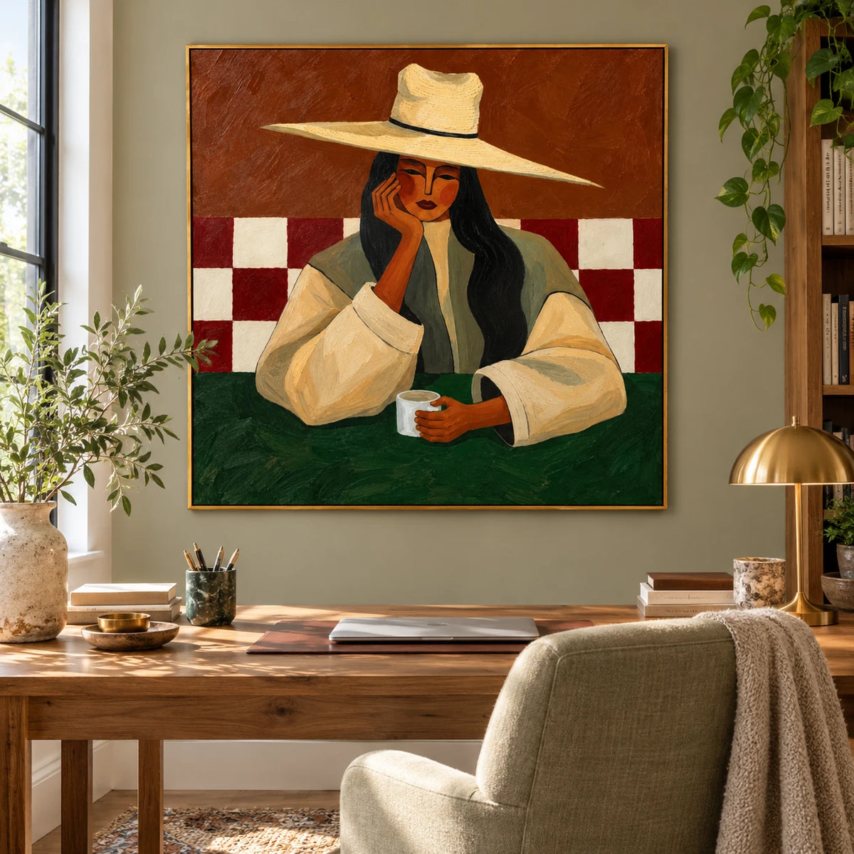 Ownanart Hand-Painted Woman with Coffee Oil Painting – Wide-Brim Hat Female Portrait, Terracotta and Green Textured Figurative Canvas Wall Art for Dining Room and Living Room