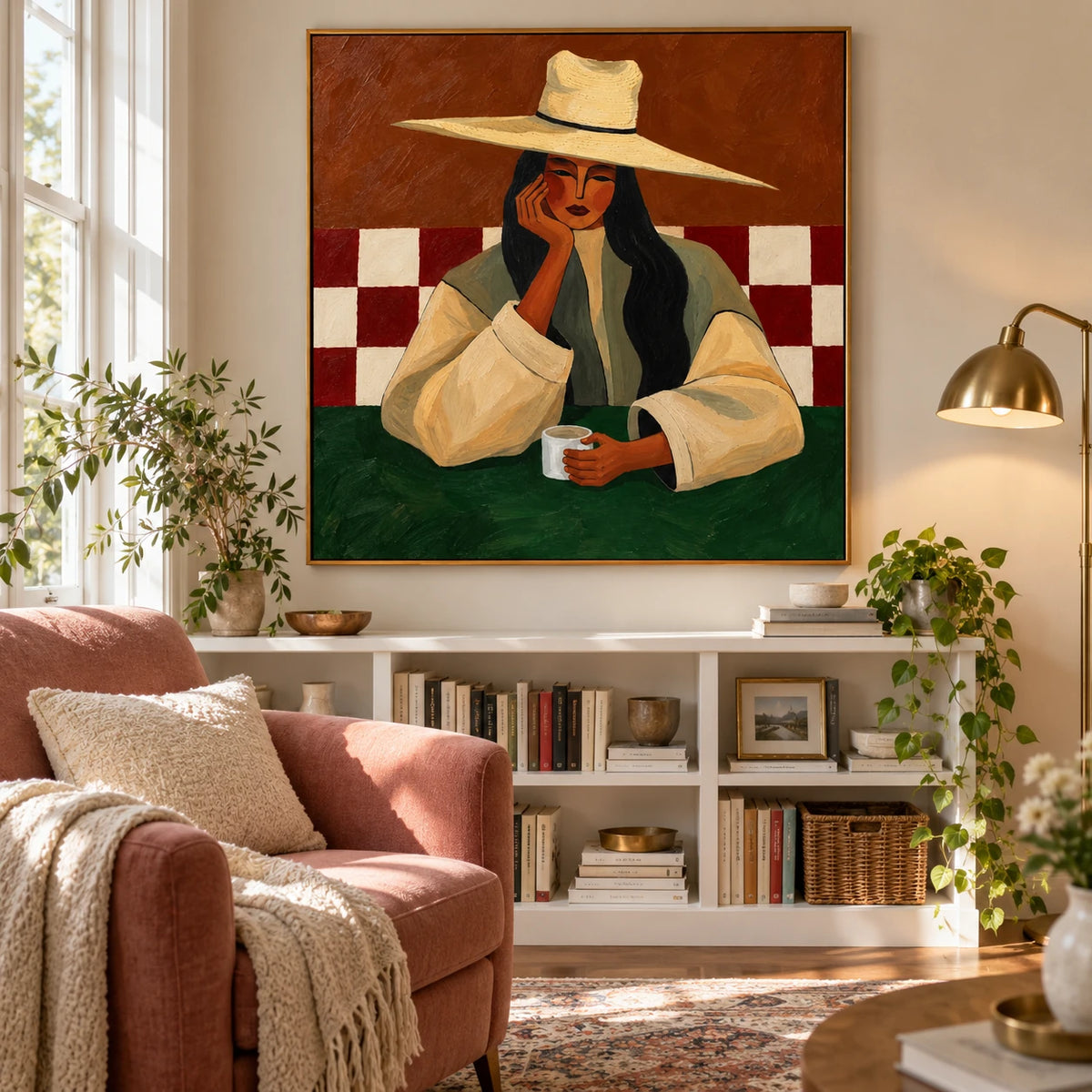 Ownanart Hand-Painted Woman with Coffee Oil Painting – Wide-Brim Hat Female Portrait, Terracotta and Green Textured Figurative Canvas Wall Art for Dining Room and Living Room