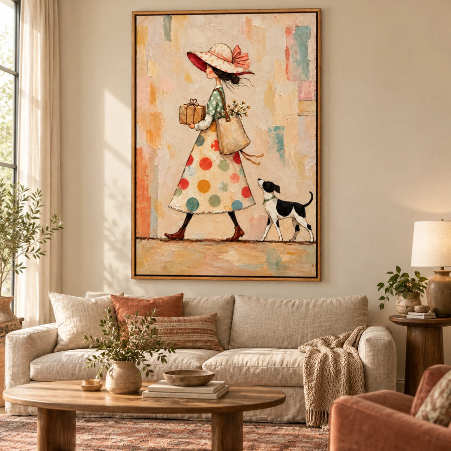 Ownanart Hand-Painted Woman with Gift Parcel and Dog Oil Painting – Whimsical Figurative Folk Art, 3D Textured Vertical Canvas Wall Art for Living Room Bedroom Entryway and Office #OA 1514