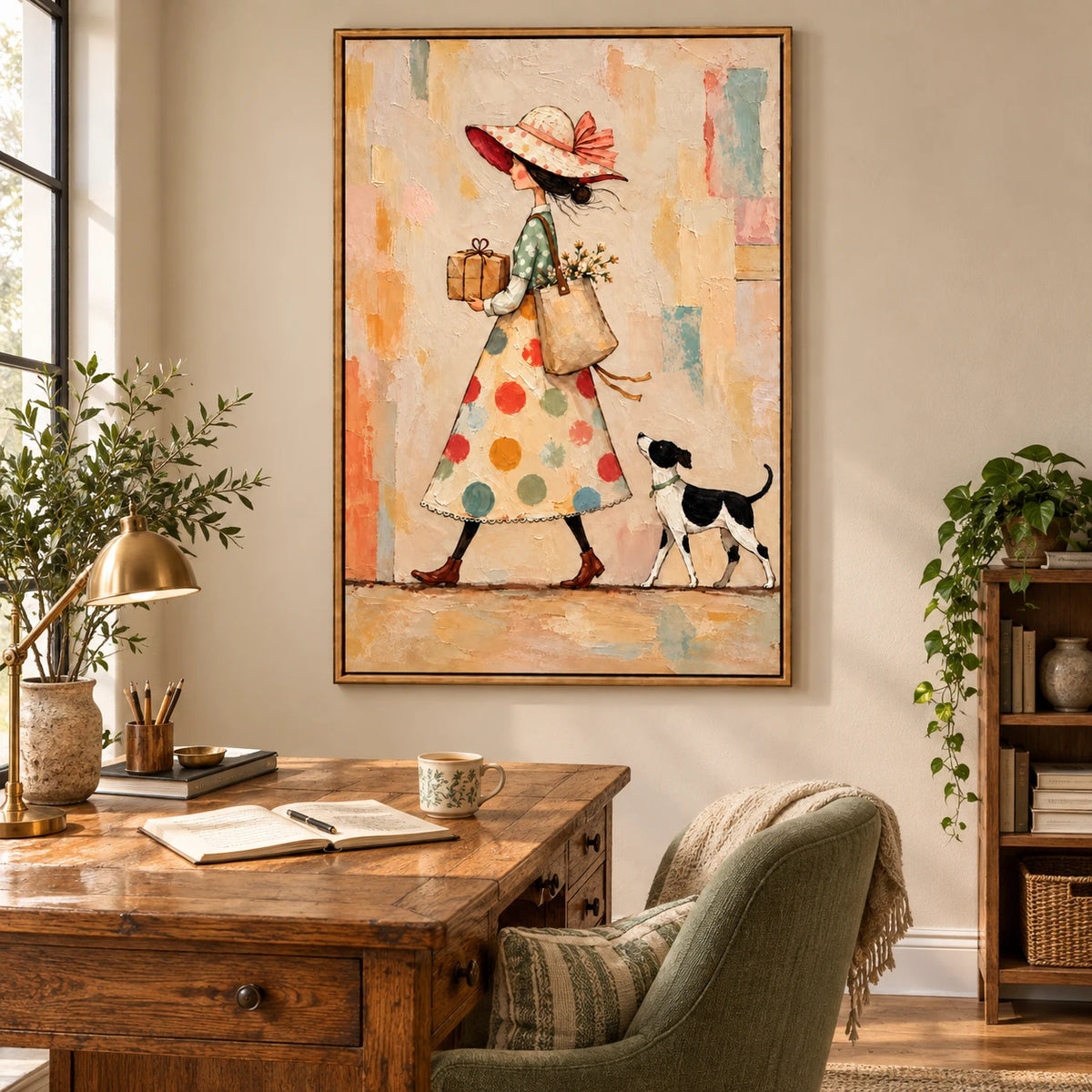Ownanart Hand-Painted Woman with Gift Parcel and Dog Oil Painting – Whimsical Figurative Folk Art, 3D Textured Vertical Canvas Wall Art for Living Room Bedroom Entryway and Office