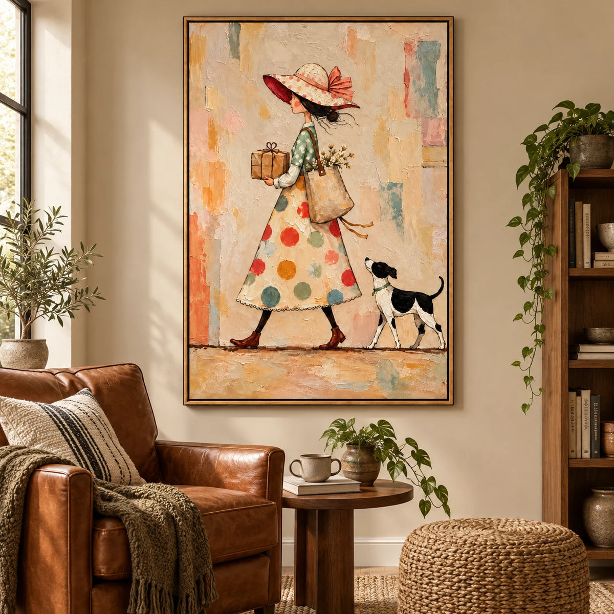Ownanart Hand-Painted Woman with Gift Parcel and Dog Oil Painting – Whimsical Figurative Folk Art, 3D Textured Vertical Canvas Wall Art for Living Room Bedroom Entryway and Office