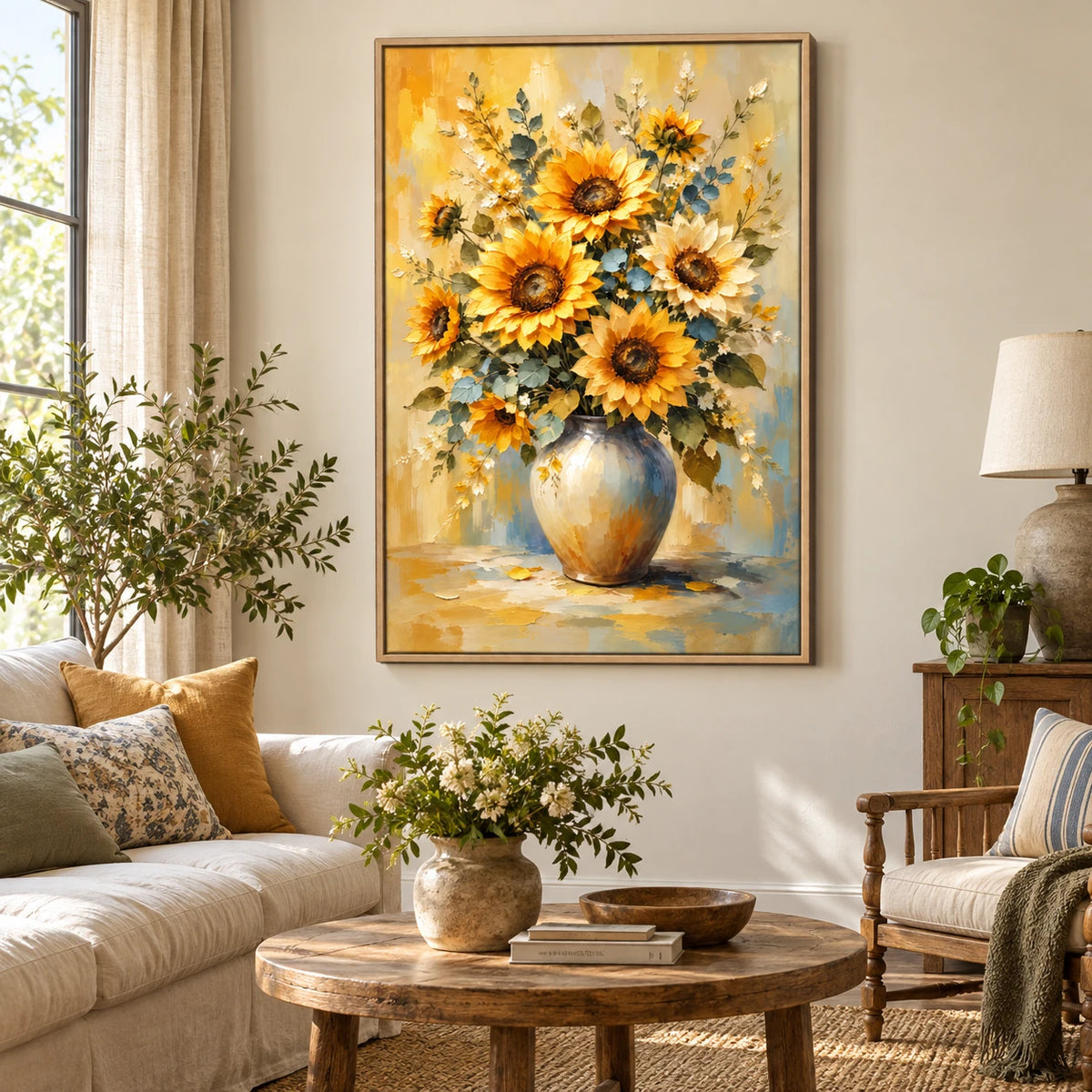 Ownanart Hand-Painted Yellow Sunflowers in Ceramic Vase Oil Painting – Impasto Floral Still Life, 3D Textured Vertical Canvas Wall Art for Living Room Bedroom Entryway and Office
