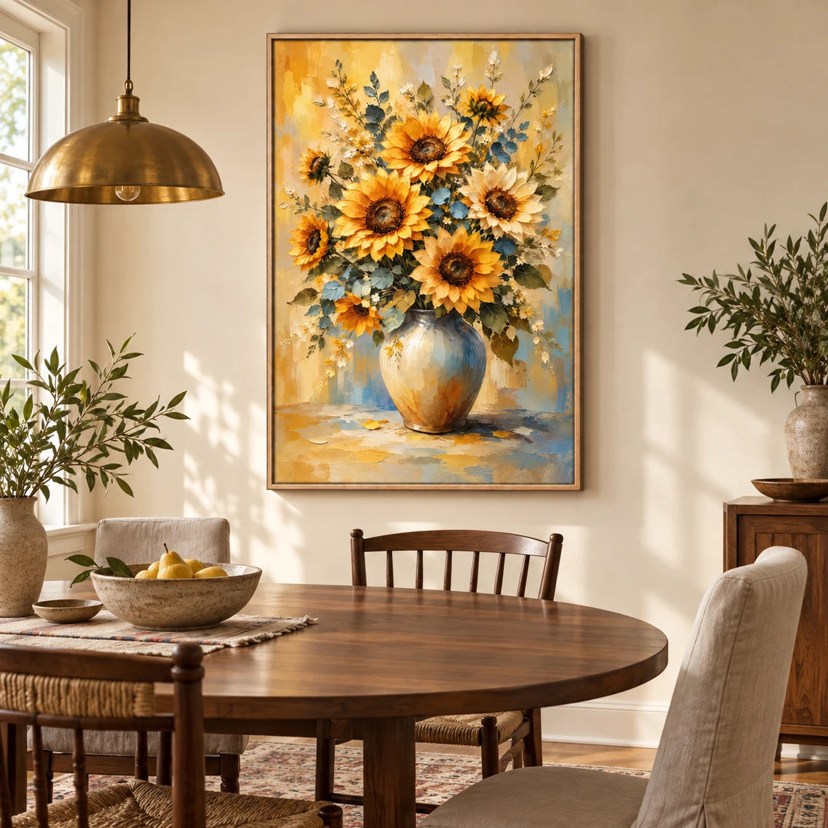 Ownanart Hand-Painted Yellow Sunflowers in Ceramic Vase Oil Painting – Impasto Floral Still Life, 3D Textured Vertical Canvas Wall Art for Living Room Bedroom Entryway and Office