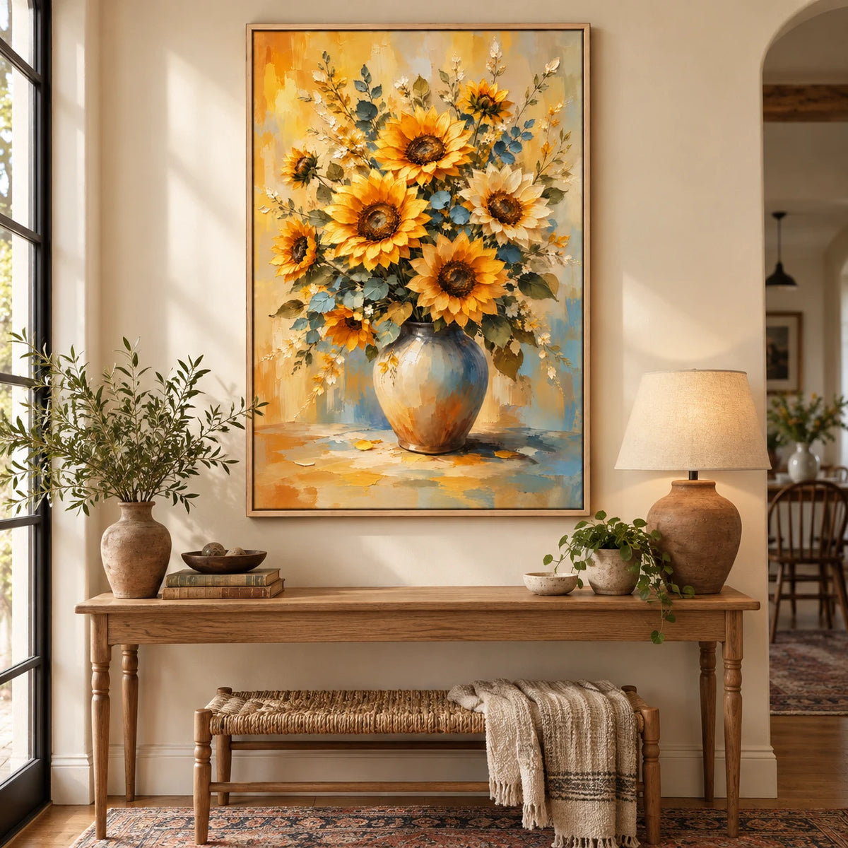 Ownanart Hand-Painted Yellow Sunflowers in Ceramic Vase Oil Painting – Impasto Floral Still Life, 3D Textured Vertical Canvas Wall Art for Living Room Bedroom Entryway and Office