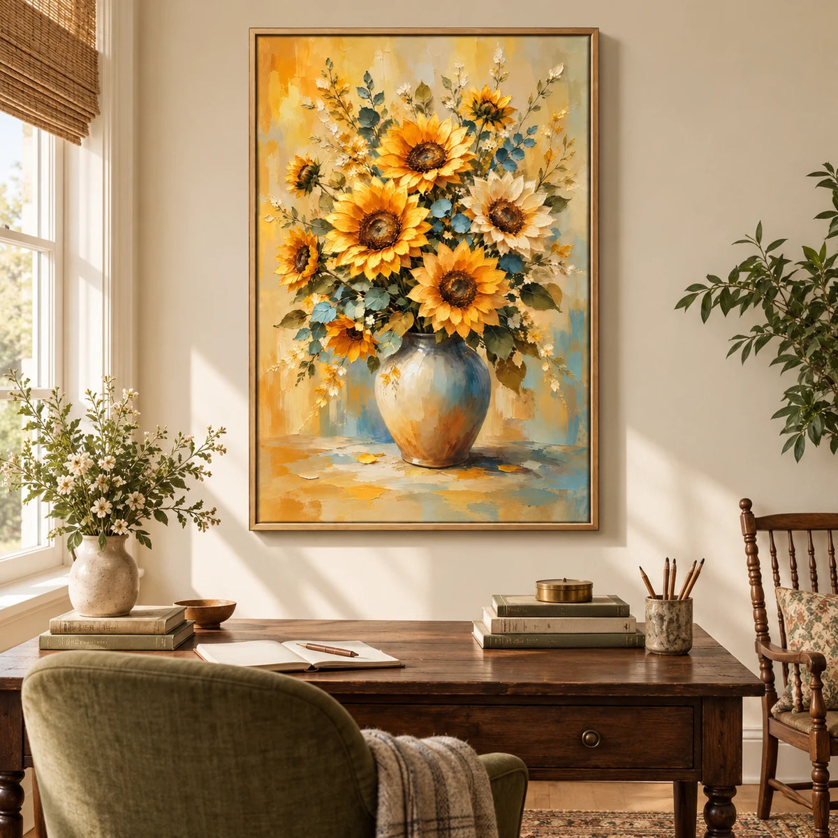 Ownanart Hand-Painted Yellow Sunflowers in Ceramic Vase Oil Painting – Impasto Floral Still Life, 3D Textured Vertical Canvas Wall Art for Living Room Bedroom Entryway and Office