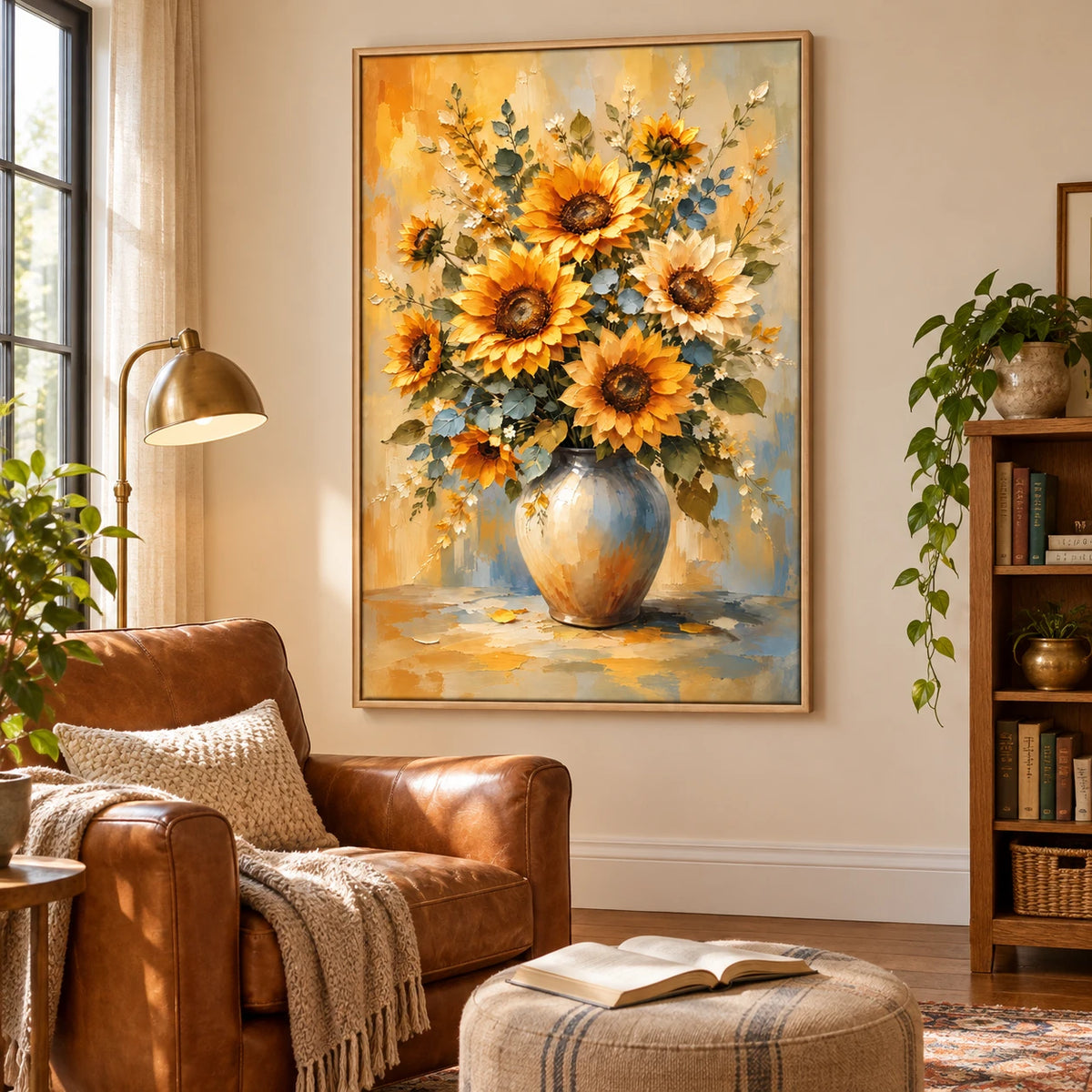 Ownanart Hand-Painted Yellow Sunflowers in Ceramic Vase Oil Painting – Impasto Floral Still Life, 3D Textured Vertical Canvas Wall Art for Living Room Bedroom Entryway and Office