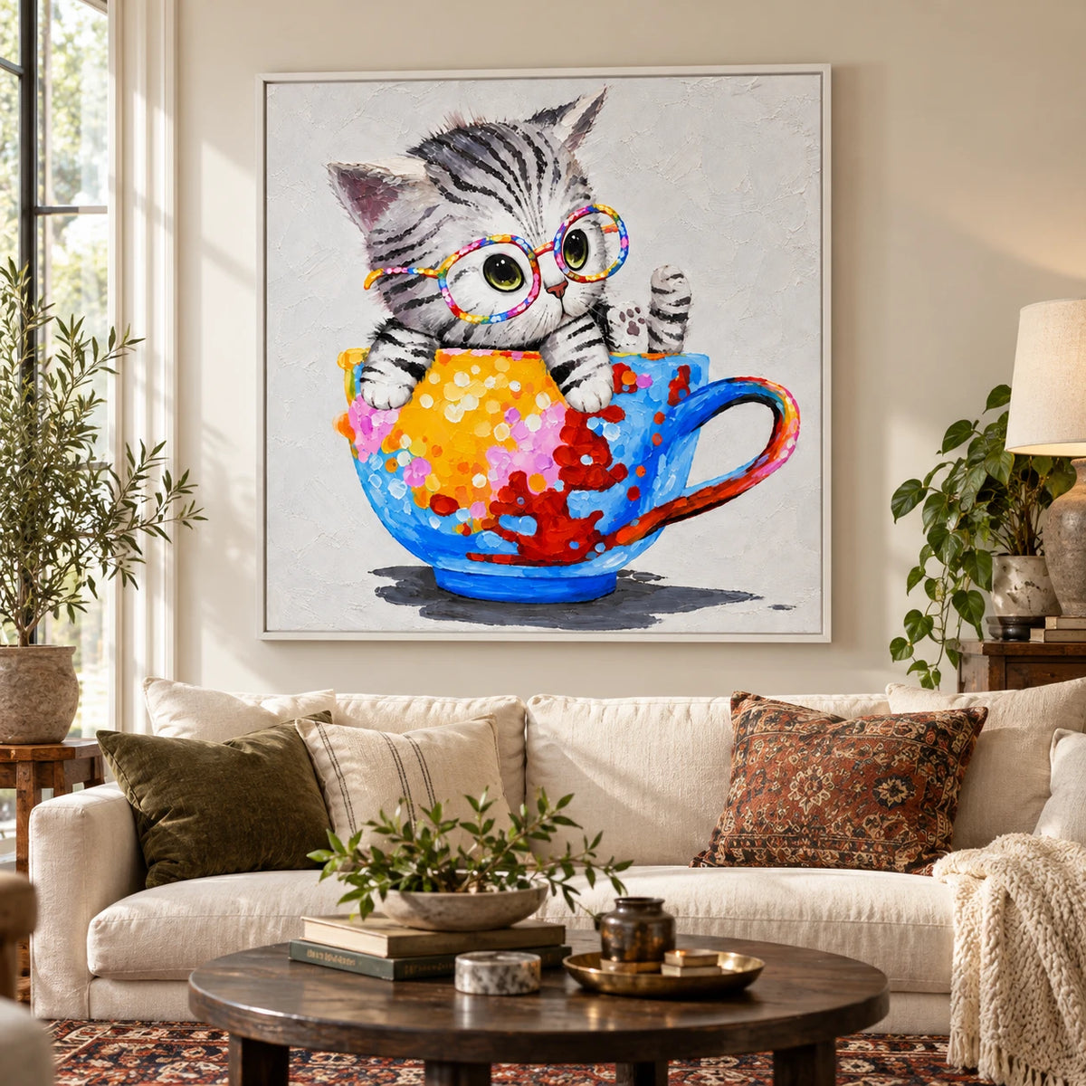 Ownanart Hand-Painted Kitten in Colorful Teacup Wearing Round Glasses Oil Painting – 3D Textured Square Impasto Canvas Wall Art for Living Room Bedroom Entryway and Office