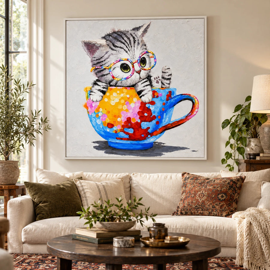 Ownanart Hand-Painted Kitten in Colorful Teacup Wearing Round Glasses Oil Painting – 3D Textured Square Impasto Canvas Wall Art for Living Room Bedroom Entryway and Office #OA 1566