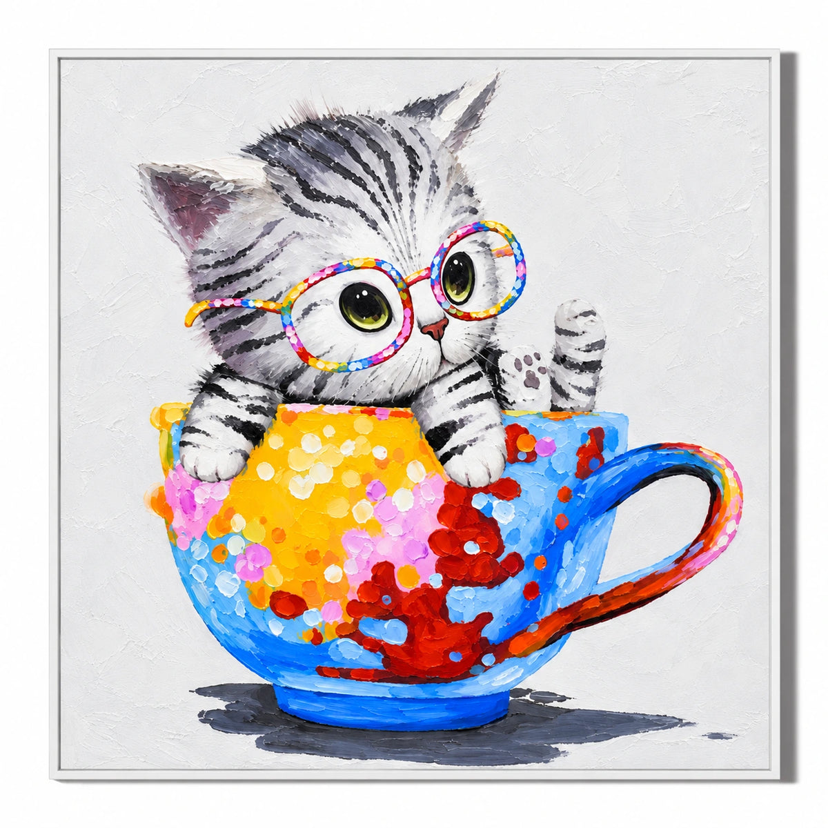 Ownanart Hand-Painted Kitten in Colorful Teacup Wearing Round Glasses Oil Painting – 3D Textured Square Impasto Canvas Wall Art for Living Room Bedroom Entryway and Office