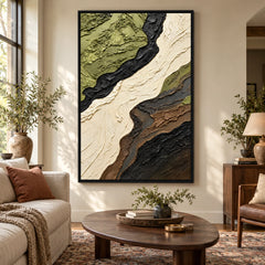 Ownanart Hand-Painted Olive Green Cream Black and Brown Flowing Abstract Oil Painting – 3D Textured Vertical Impasto Canvas Wall Art for Living Room Bedroom Entryway and Office #OA 1563