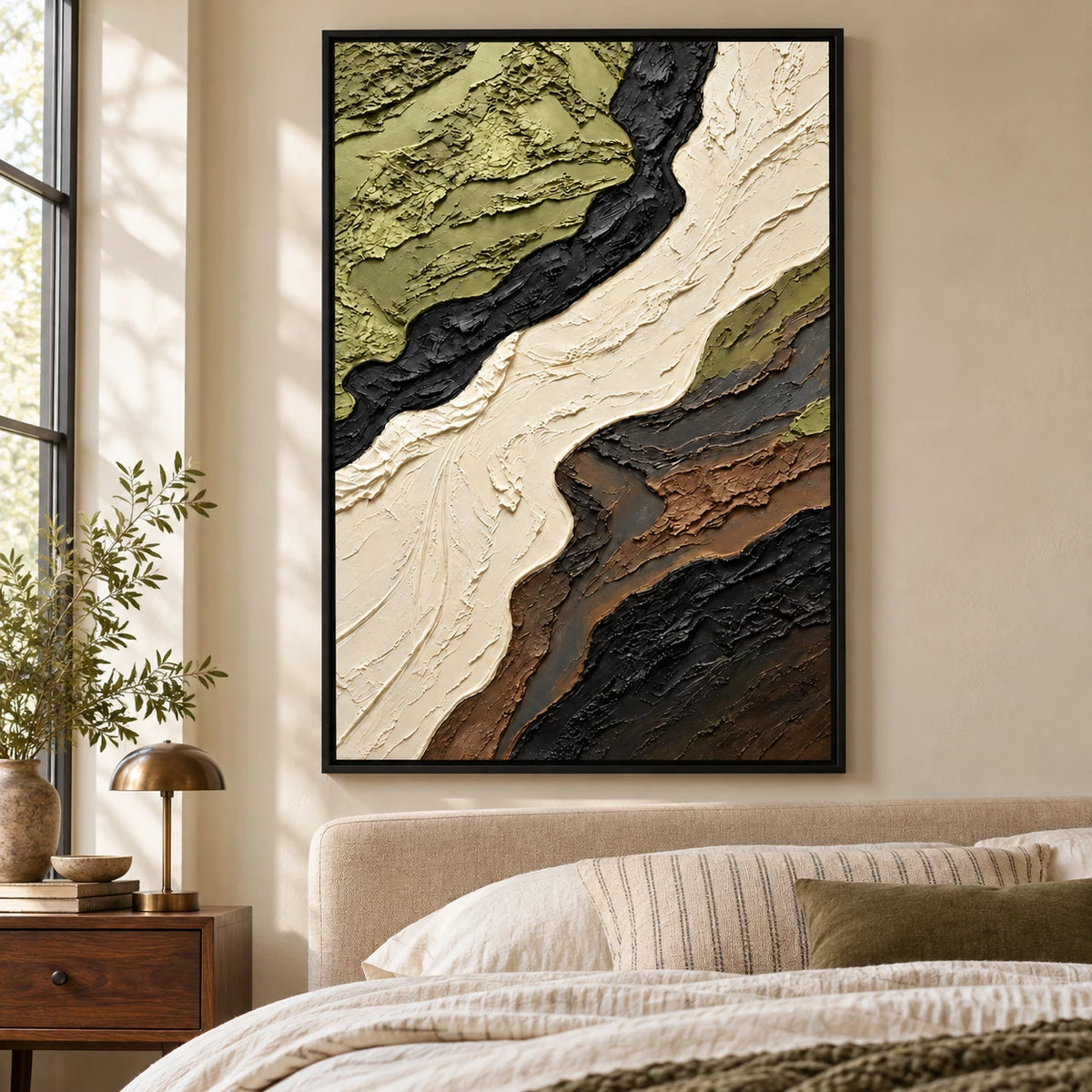 Ownanart Hand-Painted Olive Green Cream Black and Brown Flowing Abstract Oil Painting – 3D Textured Vertical Impasto Canvas Wall Art for Living Room Bedroom Entryway and Office