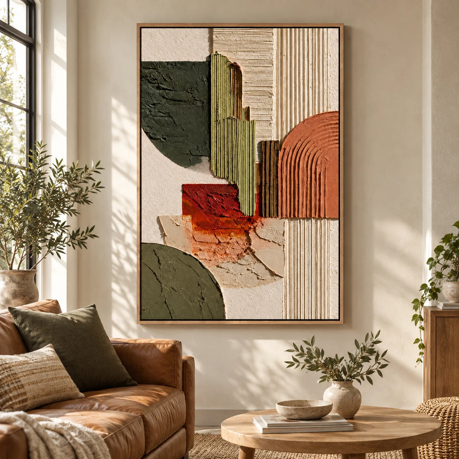 Ownanart Hand-Painted Olive Green Terracotta and Cream Geometric Abstract Oil Painting – 3D Textured Vertical Impasto Canvas Wall Art for Living Room Bedroom Entryway and Office #OA 1560