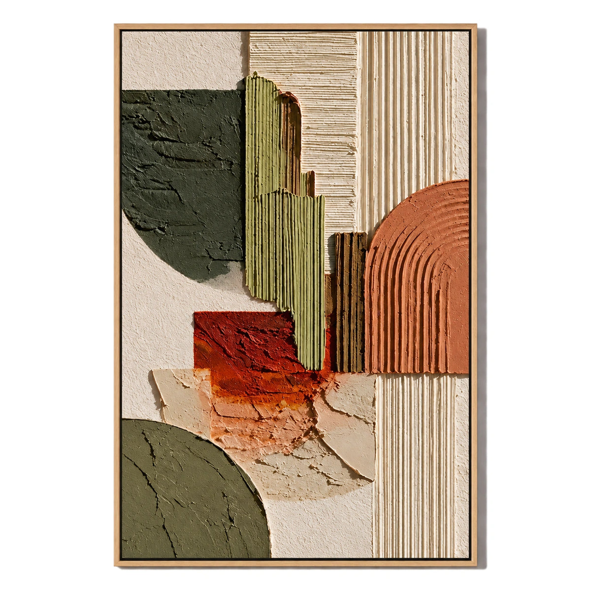 Ownanart Hand-Painted Olive Green Terracotta and Cream Geometric Abstract Oil Painting – 3D Textured Vertical Impasto Canvas Wall Art for Living Room Bedroom Entryway and Office