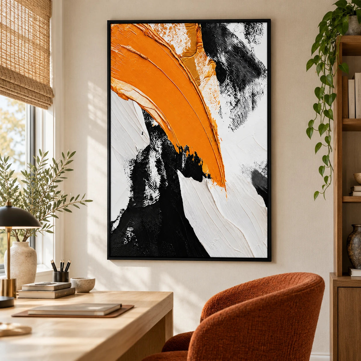 Ownanart Hand-Painted Orange Black and White Sweeping Abstract Oil Painting – 3D Textured Vertical Impasto Canvas Wall Art for Living Room Bedroom Entryway and Office