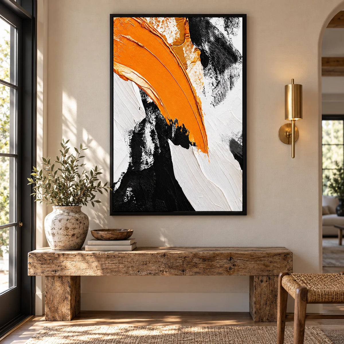Ownanart Hand-Painted Orange Black and White Sweeping Abstract Oil Painting – 3D Textured Vertical Impasto Canvas Wall Art for Living Room Bedroom Entryway and Office