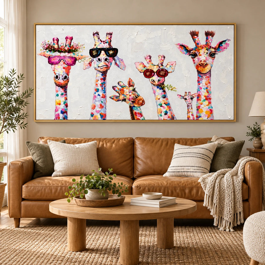Ownanart Hand-Painted Six Colorful Giraffes with Sunglasses and Flowers Oil Painting – 3D Textured Horizontal Impasto Canvas Wall Art for Living Room Bedroom Entryway and Office #OA 1556