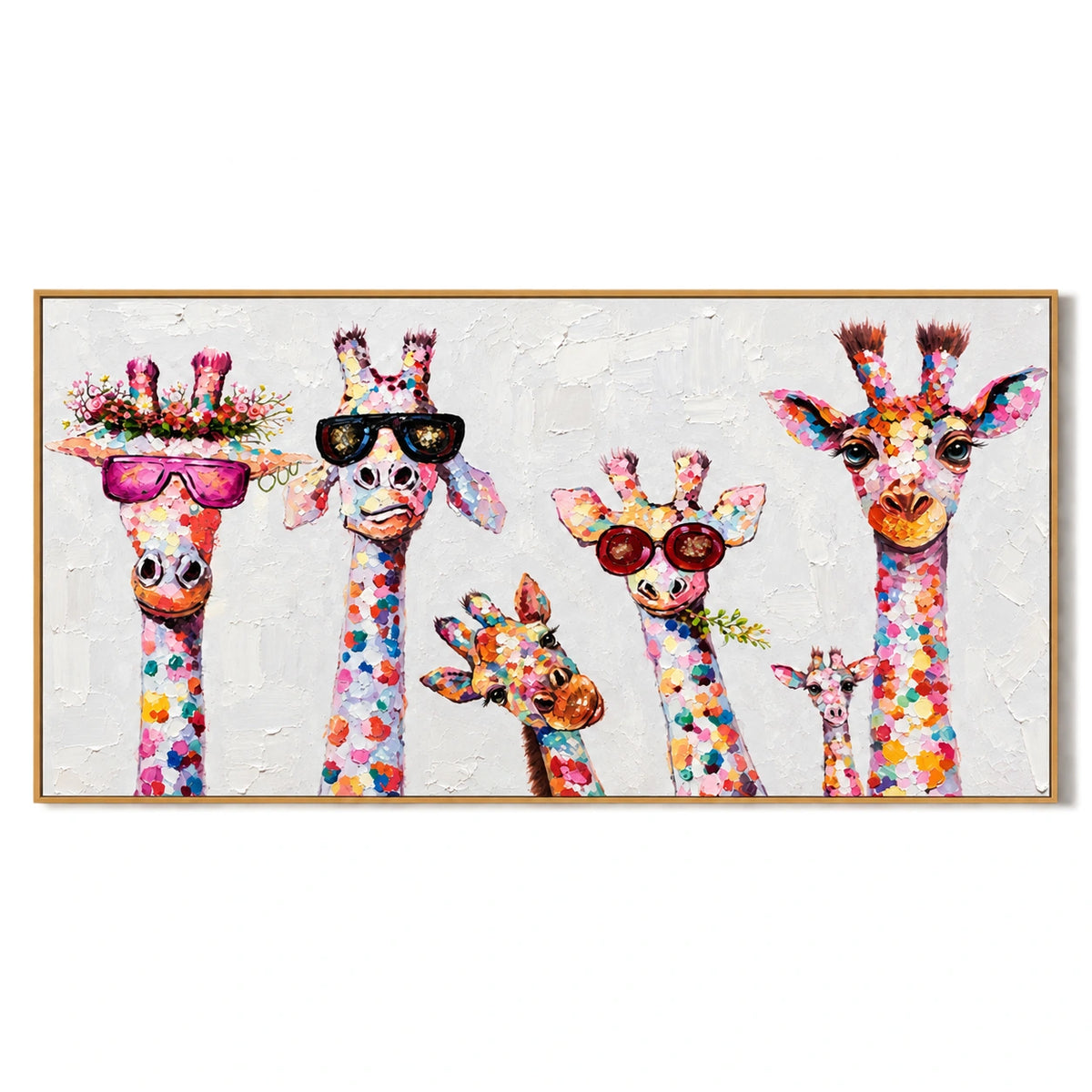 Ownanart Hand-Painted Six Colorful Giraffes with Sunglasses and Flowers Oil Painting – 3D Textured Horizontal Impasto Canvas Wall Art for Living Room Bedroom Entryway and Office