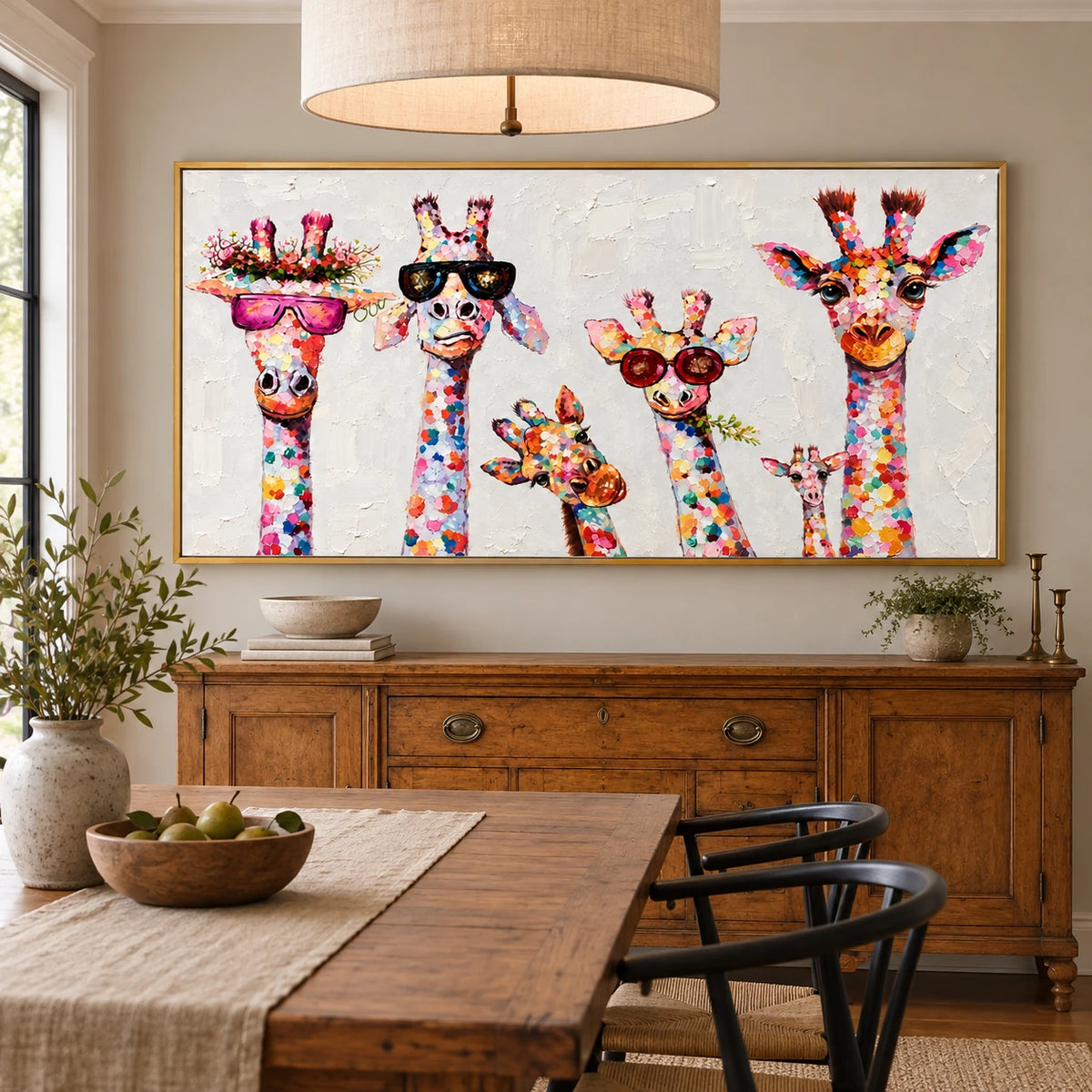 Ownanart Hand-Painted Six Colorful Giraffes with Sunglasses and Flowers Oil Painting – 3D Textured Horizontal Impasto Canvas Wall Art for Living Room Bedroom Entryway and Office