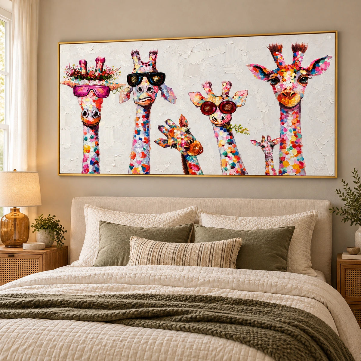 Ownanart Hand-Painted Six Colorful Giraffes with Sunglasses and Flowers Oil Painting – 3D Textured Horizontal Impasto Canvas Wall Art for Living Room Bedroom Entryway and Office