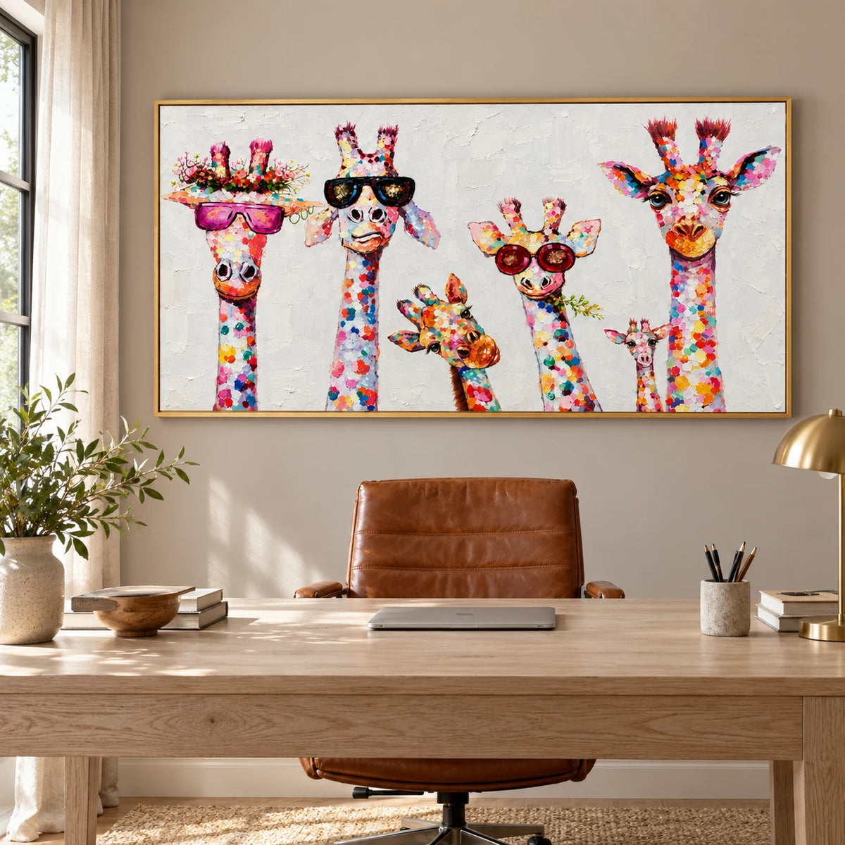 Ownanart Hand-Painted Six Colorful Giraffes with Sunglasses and Flowers Oil Painting – 3D Textured Horizontal Impasto Canvas Wall Art for Living Room Bedroom Entryway and Office
