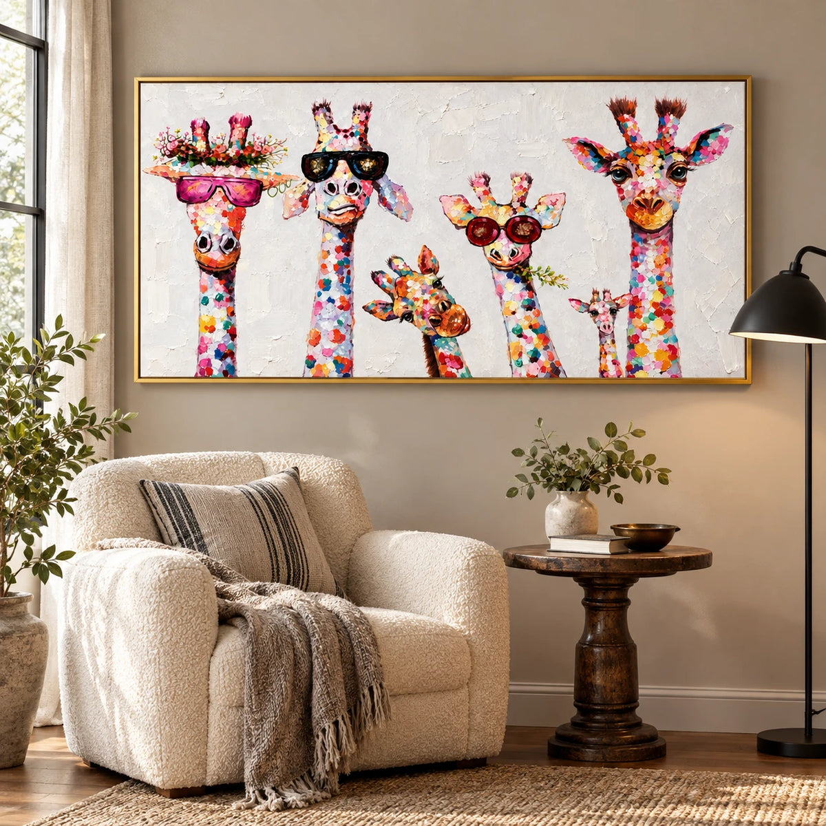 Ownanart Hand-Painted Six Colorful Giraffes with Sunglasses and Flowers Oil Painting – 3D Textured Horizontal Impasto Canvas Wall Art for Living Room Bedroom Entryway and Office
