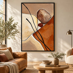 Ownanart Hand-Painted Terracotta Cream and Brown Organic Abstract with Black Lines Oil Painting – 3D Textured Vertical Impasto Canvas Wall Art for Living Room Bedroom Entryway and Office #OA 1564