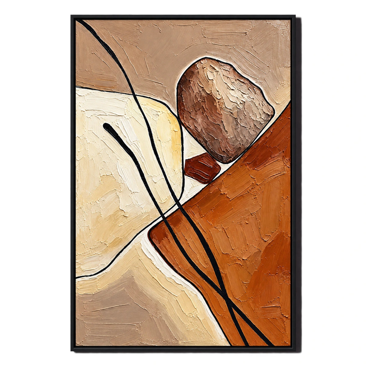 Ownanart Hand-Painted Terracotta Cream and Brown Organic Abstract with Black Lines Oil Painting – 3D Textured Vertical Impasto Canvas Wall Art for Living Room Bedroom Entryway and Office