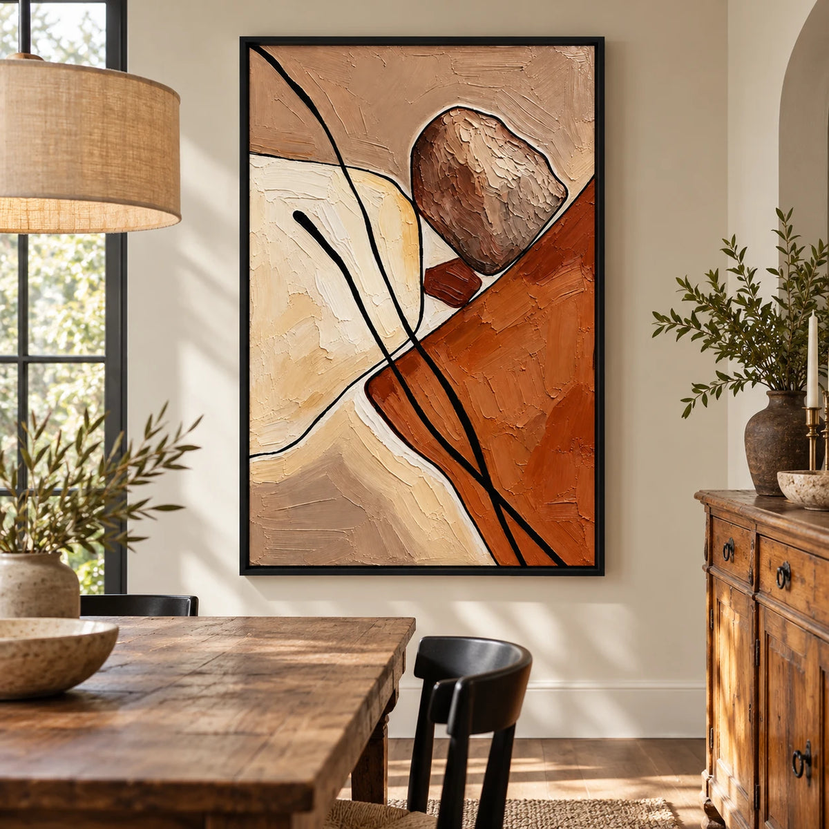 Ownanart Hand-Painted Terracotta Cream and Brown Organic Abstract with Black Lines Oil Painting – 3D Textured Vertical Impasto Canvas Wall Art for Living Room Bedroom Entryway and Office