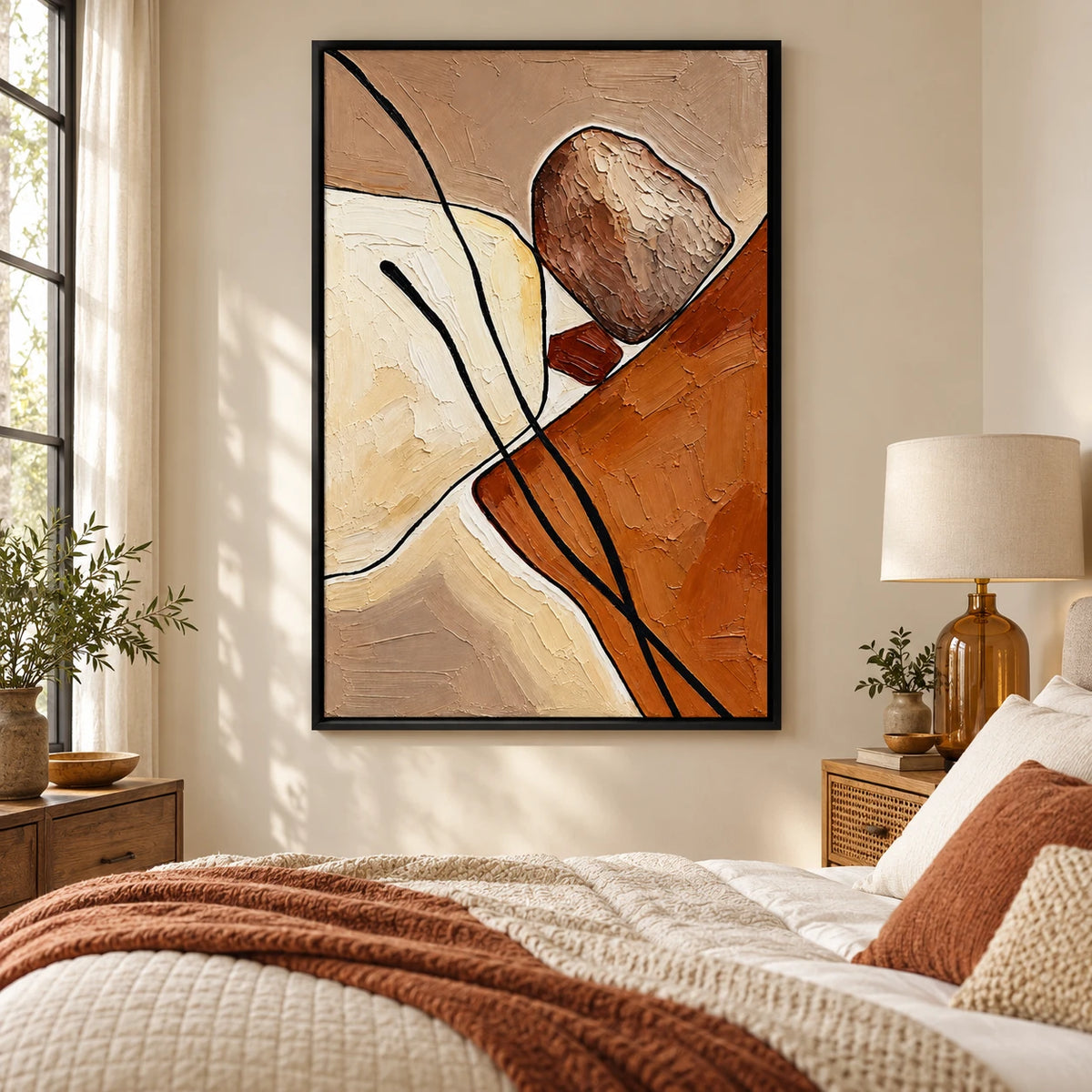 Ownanart Hand-Painted Terracotta Cream and Brown Organic Abstract with Black Lines Oil Painting – 3D Textured Vertical Impasto Canvas Wall Art for Living Room Bedroom Entryway and Office