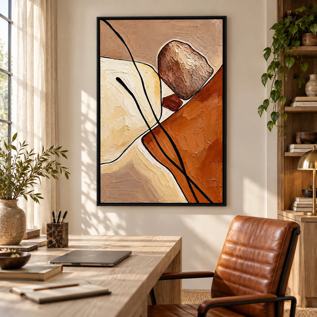 Ownanart Hand-Painted Terracotta Cream and Brown Organic Abstract with Black Lines Oil Painting – 3D Textured Vertical Impasto Canvas Wall Art for Living Room Bedroom Entryway and Office