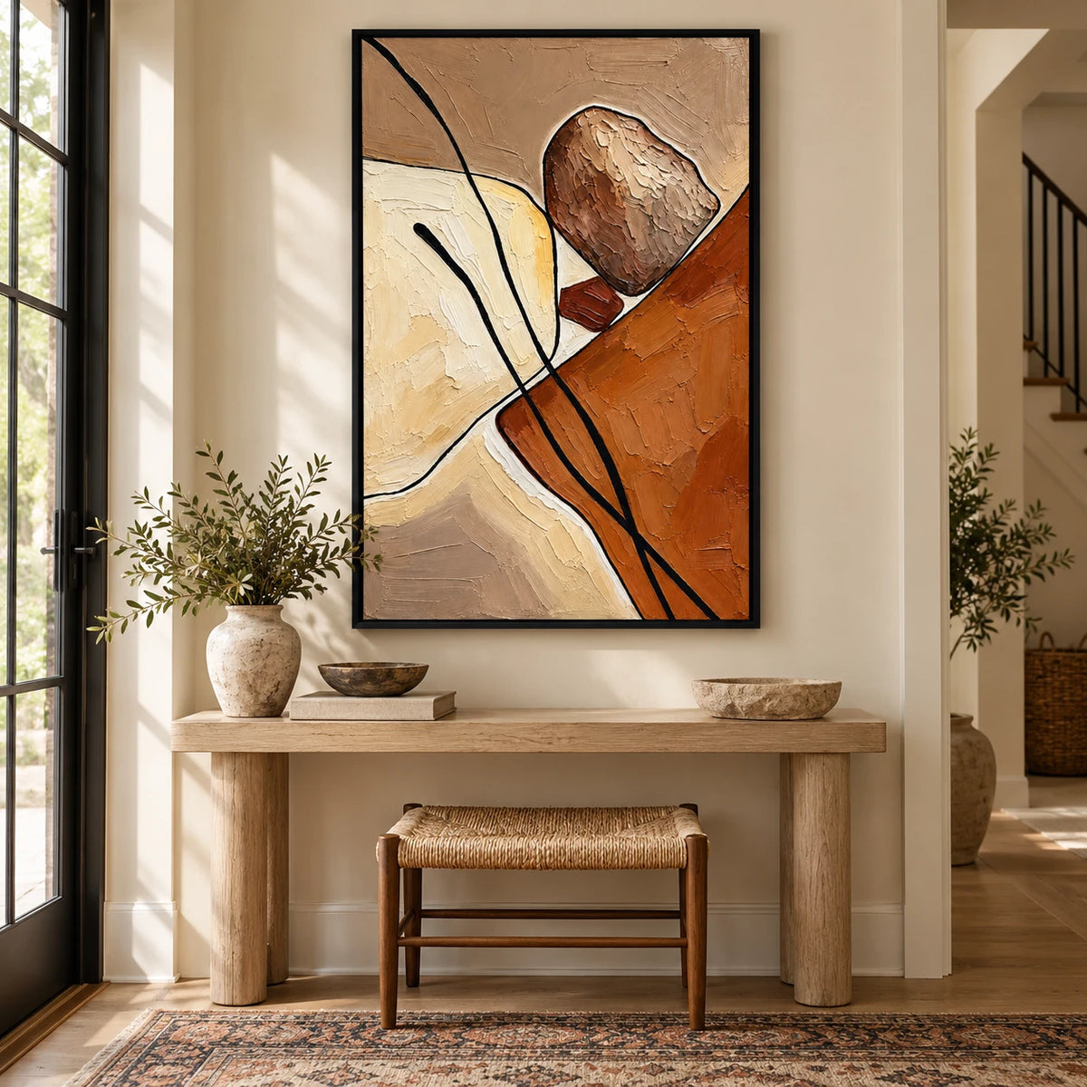 Ownanart Hand-Painted Terracotta Cream and Brown Organic Abstract with Black Lines Oil Painting – 3D Textured Vertical Impasto Canvas Wall Art for Living Room Bedroom Entryway and Office