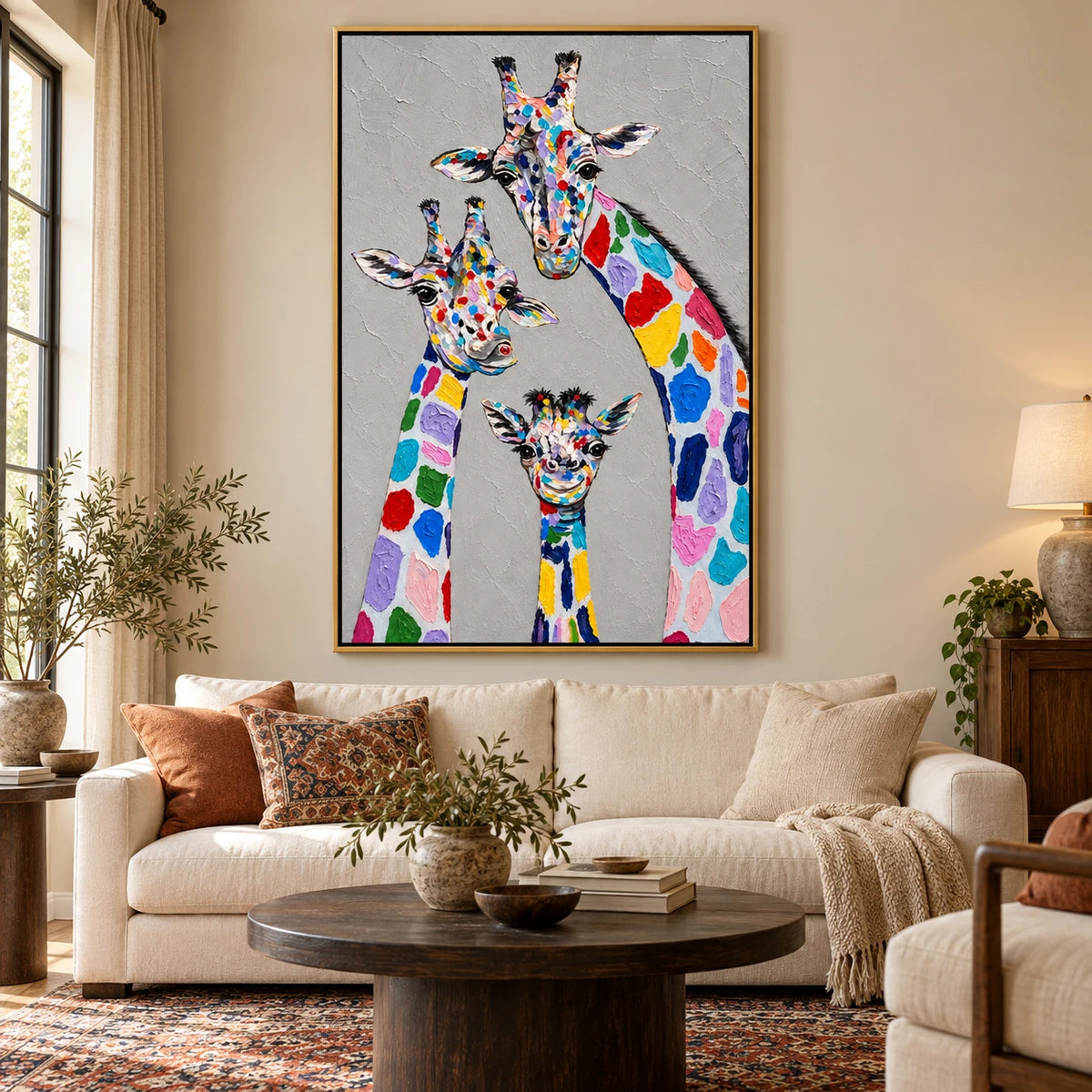 Ownanart Hand-Painted Three Colorful Giraffes Family Portrait Oil Painting – 3D Textured Vertical Impasto Canvas Wall Art for Living Room Bedroom Entryway and Office