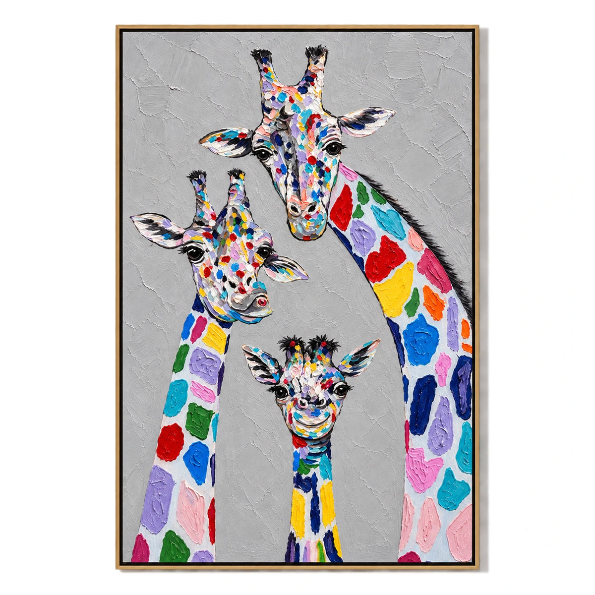 Ownanart Hand-Painted Three Colorful Giraffes Family Portrait Oil Painting – 3D Textured Vertical Impasto Canvas Wall Art for Living Room Bedroom Entryway and Office