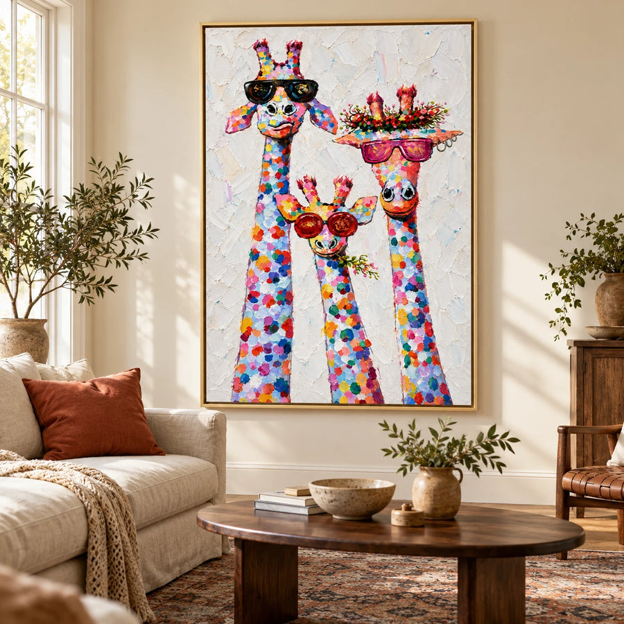 Ownanart Hand-Painted Three Colorful Giraffes Wearing Sunglasses and Floral Crown Oil Painting – 3D Textured Vertical Impasto Canvas Wall Art for Living Room Bedroom Entryway and Office #OA 1567