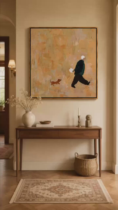 Hand-Painted Figure and Dog Oil Painting | Modern Abstract Figurative Pet Wall Art in Warm Beige Textured Style