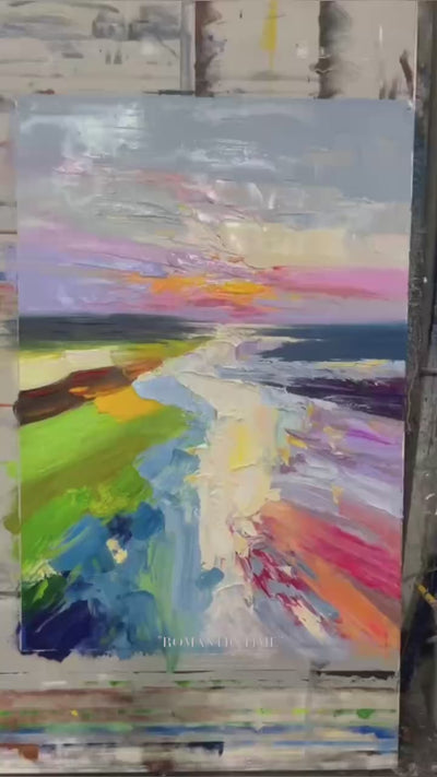 Colorful Abstract Coastal Landscape Wall Art – Modern Palette Knife Oil Painting Decor